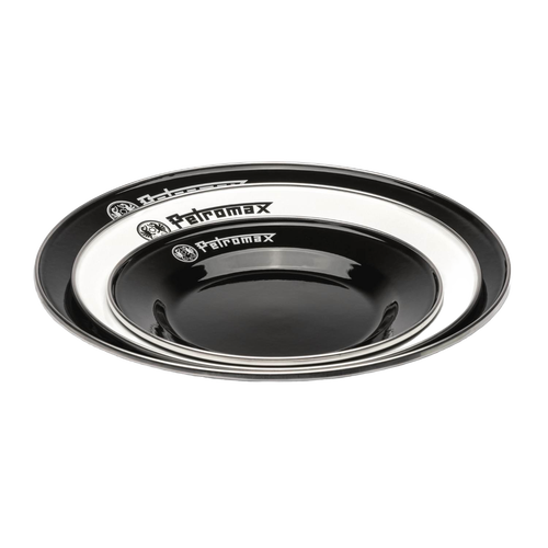 Three sturdy enamel plates in black and white with Petromax logo, lightweight and heat-resistant, ideal for Farm, Garden & Tool, Kitchen & Food, Camping, Dinnerware, Best Sellers, and Promo Eligible collections.