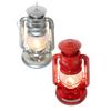 Two handcrafted lanterns with weather-resistant baked on powder coating, one in red and one in silver, glowing with bright flame light, ideal for camping and emergency use.
