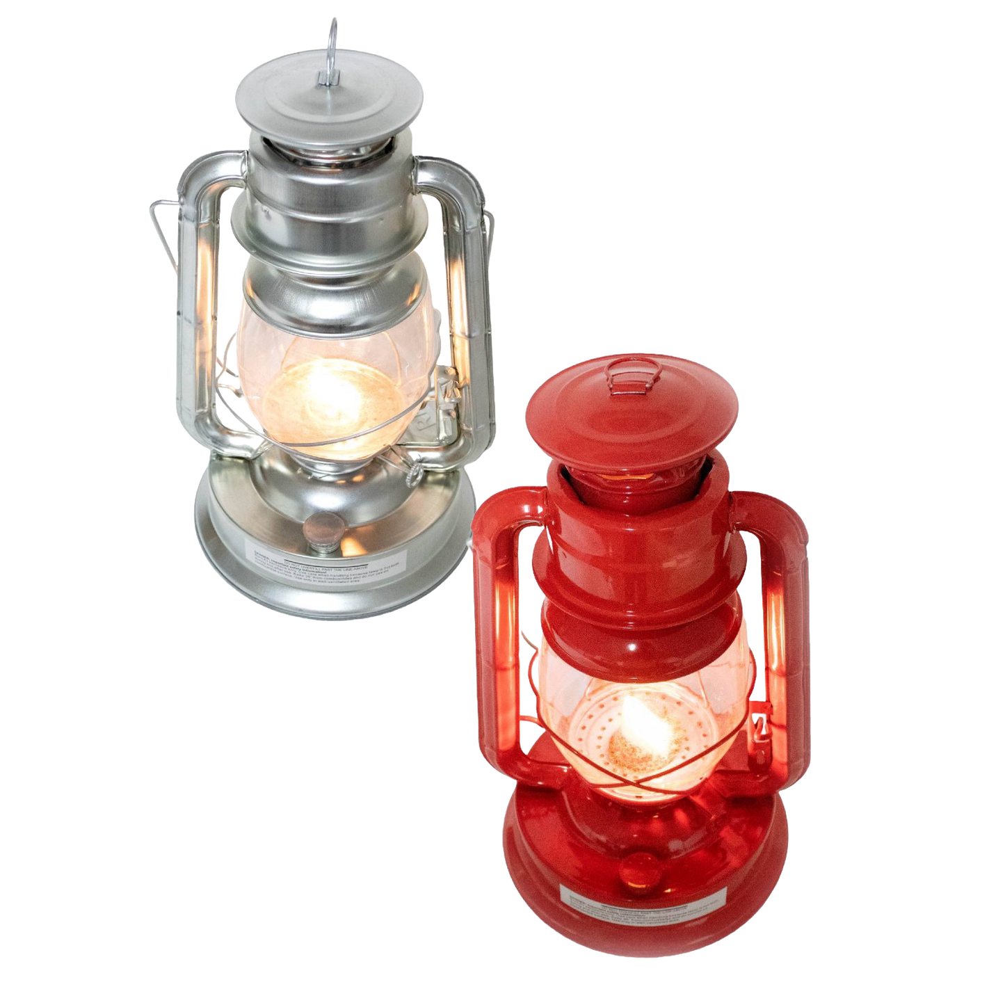 Two handcrafted lanterns with weather-resistant baked on powder coating, one in red and one in silver, glowing with bright flame light, ideal for camping and emergency use.