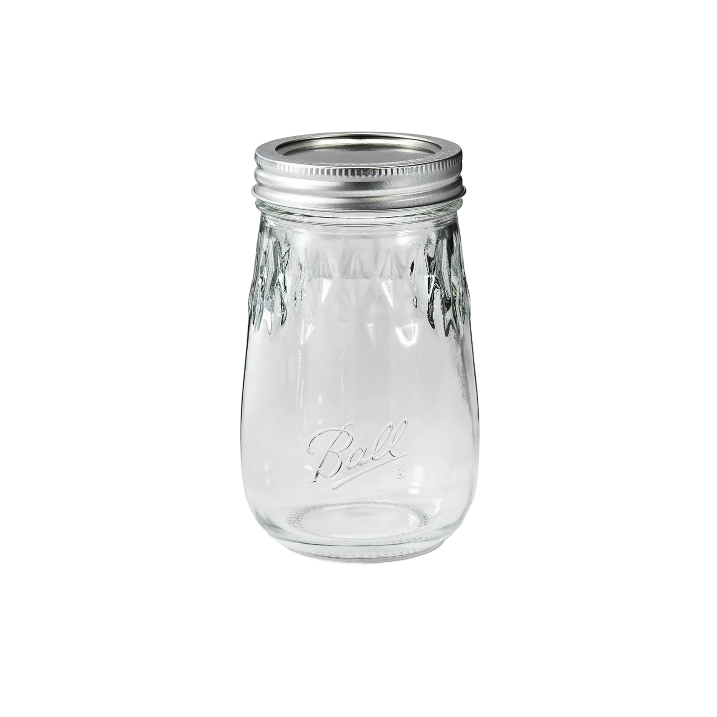 Clear regular-mouth pint canning jar with metal lid and embossed diamond pattern, crafted in the USA for kitchen food preservation and storage use.