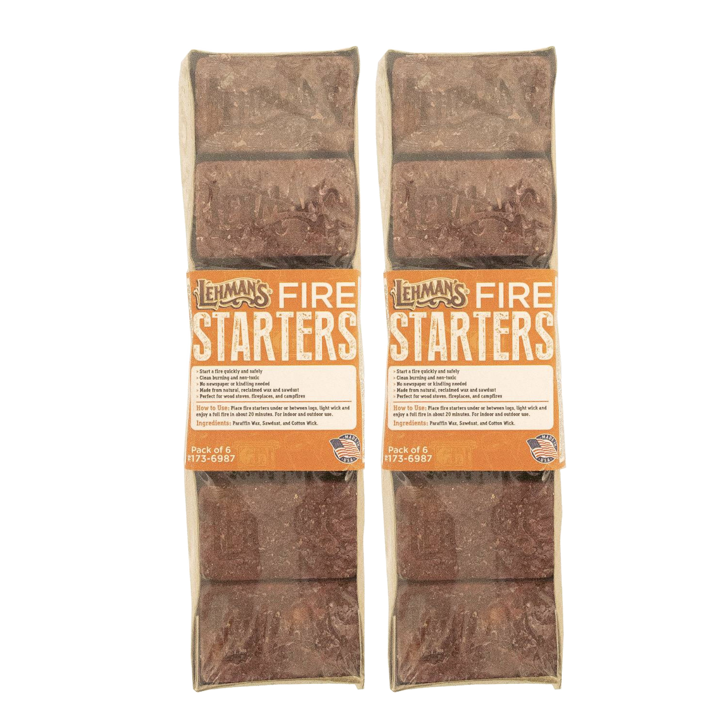 Pair of handcrafted non-toxic fire starter packs made in the USA, featuring natural reclaimed wax and sawdust, ideal for wood stoves, camping, and hearth accessories.