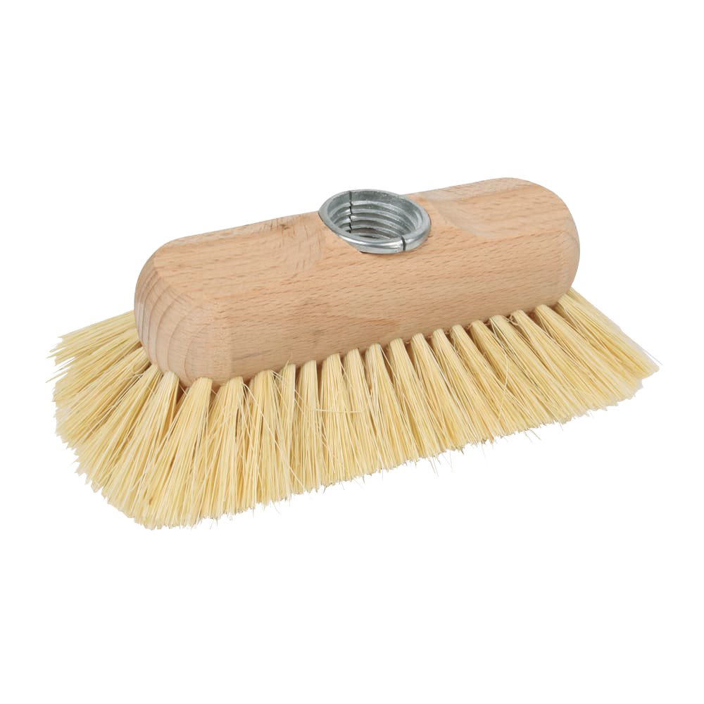 Handcrafted scrubber head with extra-hard tampico bristles and wooden block, designed for household cleaning, ideal for tubs, showers, and grout, featured in Home & Decor and Best Sellers.