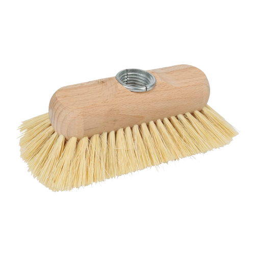 Handcrafted scrubber head with extra-hard tampico bristles and wooden block, designed for household cleaning, ideal for tubs, showers, and grout, featured in Home & Decor and Best Sellers.