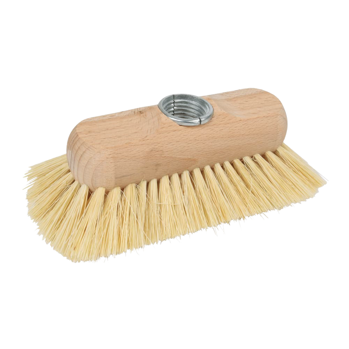 Handcrafted scrubber head with extra-hard tampico bristles and wooden block, designed for household cleaning, ideal for tubs, showers, and grout, featured in Home & Decor and Best Sellers.