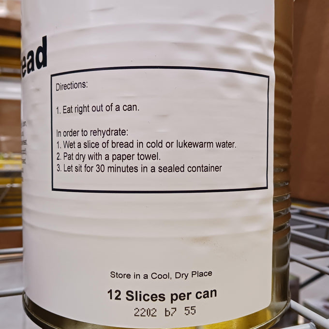 Close-up of a can label showing preparation instructions for freeze-dried bread, including rehydration steps and storage advice, suitable for Kitchen & Food, Freeze Dried, USA Made collections.