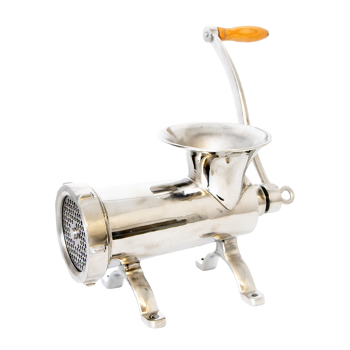 Polished stainless steel hand-cranked mounted meat grinder with a wooden handle and pre-drilled base for secure attachment, crafted for durability in Kitchen & Food, Specialty Equipment, and Butchering Supplies collections.