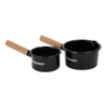 Set of two black enamel pans with wooden handles, featuring durable scratch-resistant surfaces and measurement markings, ideal for camping, cooking, and outdoor use in Farm, Garden & Tool, Kitchen & Food, Camping, Cookware, Pots and Pans, Best Sellers, and Promo Eligible collections.