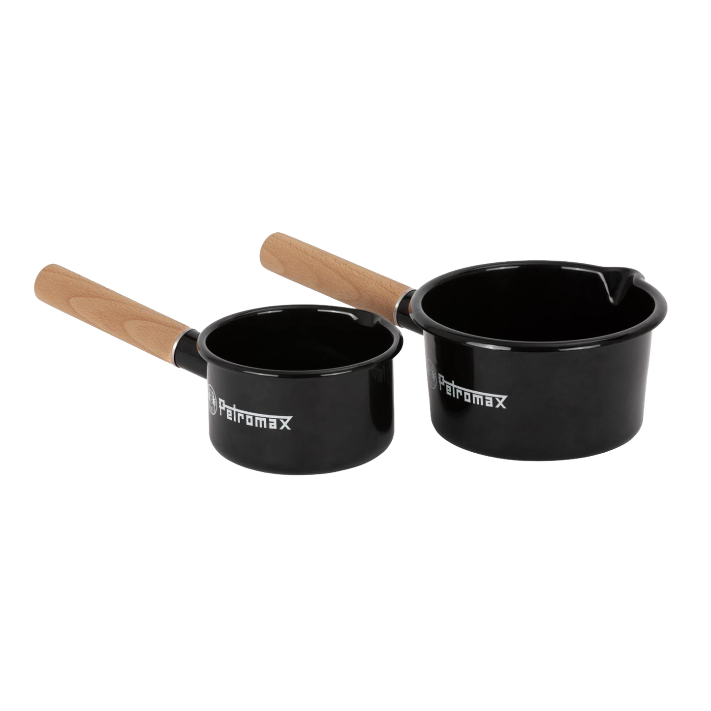 Set of two black enamel pans with wooden handles, featuring durable scratch-resistant surfaces and measurement markings, ideal for camping, cooking, and outdoor use in Farm, Garden & Tool, Kitchen & Food, Camping, Cookware, Pots and Pans, Best Sellers, and Promo Eligible collections.