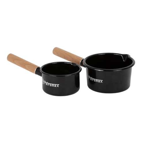 Set of two black enamel pans with wooden handles, featuring durable scratch-resistant surfaces and measurement markings, ideal for camping, cooking, and outdoor use in Farm, Garden & Tool, Kitchen & Food, Camping, Cookware, Pots and Pans, Best Sellers, and Promo Eligible collections.