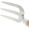 Close-up of a handcrafted 12-inch hand weed fork with mirror-polished stainless steel tines and a weatherproofed handle, designed for farm, garden, and cultivating tasks.