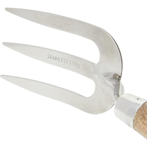 Close-up of a handcrafted 12-inch hand weed fork with mirror-polished stainless steel tines and a weatherproofed handle, designed for farm, garden, and cultivating tasks.