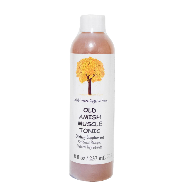 Bottle of Old Amish Muscle Tonic dietary supplement with natural ingredients and original recipe, handcrafted in the USA, featured in Health & Wellness and Best Sellers collections.