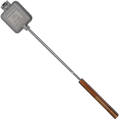 Cast iron square pie iron with long metal handle and wooden grip, designed for camping and outdoor cooking, featured in Farm, Garden & Tool, Best Sellers, and Promo Eligible collections.
