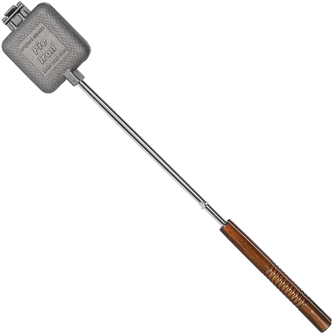 Cast iron square pie iron with long metal handle and wooden grip, designed for camping and outdoor cooking, featured in Farm, Garden & Tool, Best Sellers, and Promo Eligible collections.