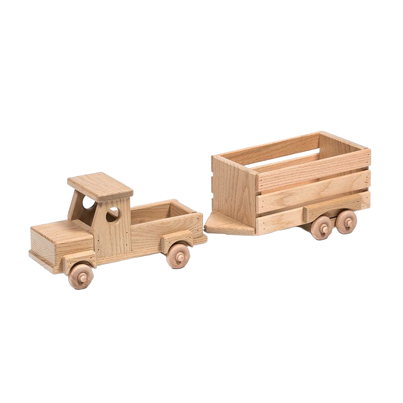 Handcrafted Amish wooden toy truck with detachable stock trailer made from unfinished poplar and sassafras, ideal for indoor play and perfect for children's toys collections.