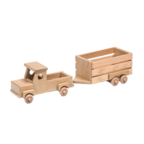 Handcrafted Amish wooden toy truck with detachable stock trailer made from unfinished poplar and sassafras, ideal for indoor play and perfect for children's toys collections.