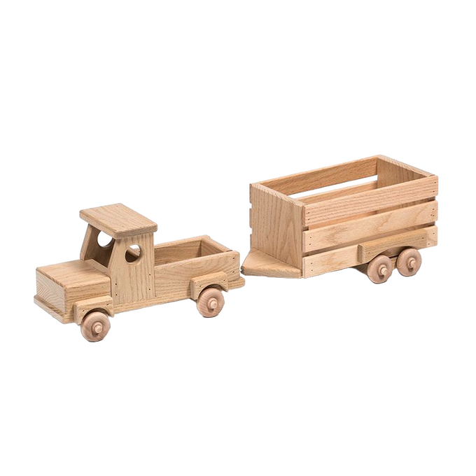 Handcrafted Amish wooden toy truck with detachable stock trailer made from unfinished poplar and sassafras, ideal for indoor play and perfect for children's toys collections.