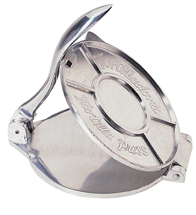 Cast aluminum tortilla press with ergonomic handle for even dough pressing, ideal for Kitchen & Food, Cookware, Baking Supplies, and Best Sellers collections.