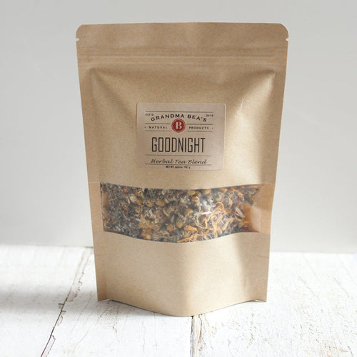 Resealable kraft paper bag of handcrafted Goodnight loose leaf herbal tea blend with visible herbs, made in USA, ideal for Kitchen & Food, Brewing Coffee and Tea, Best Sellers, and Promo Eligible collections.