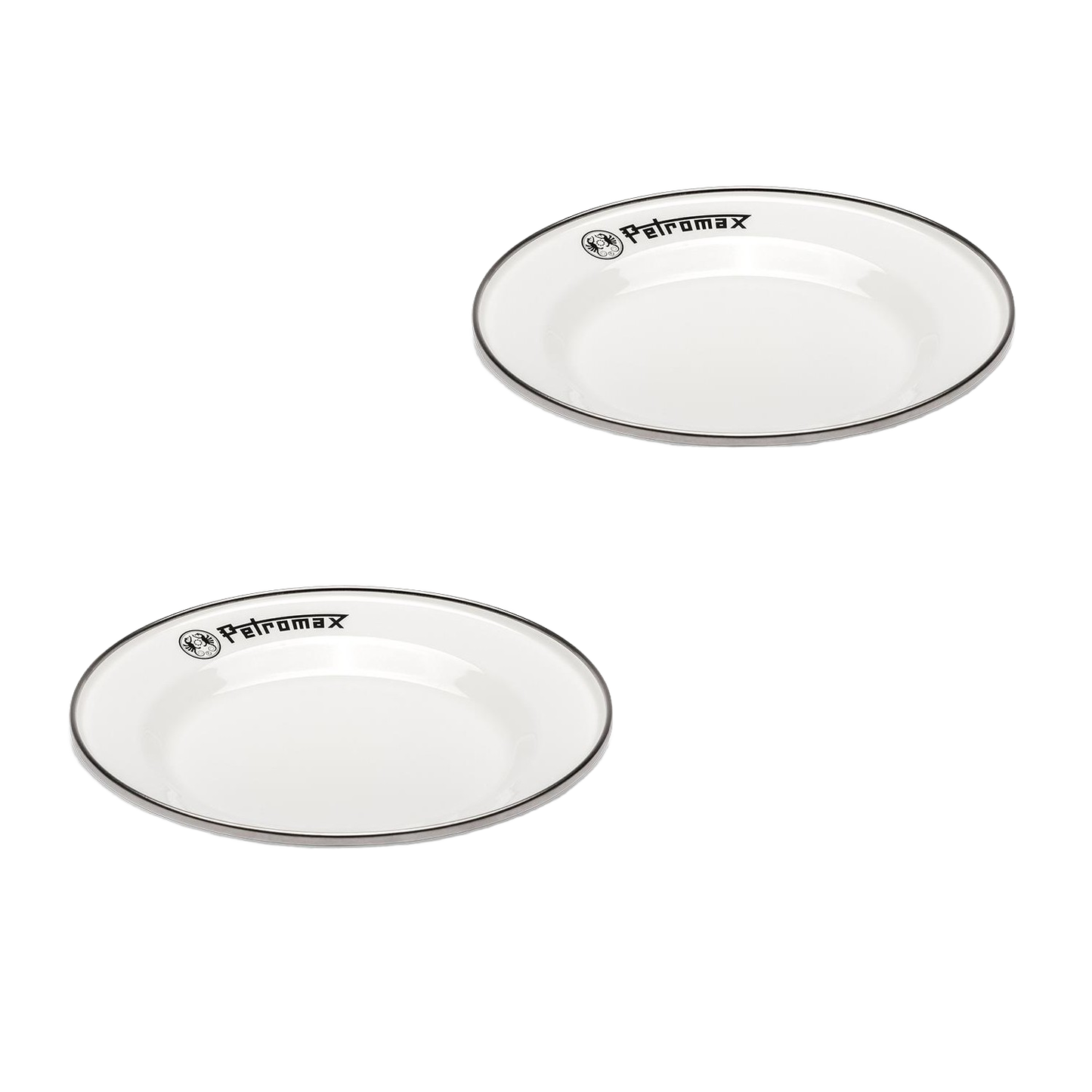Two white enamel camping plates with black rims and Petromax logo, lightweight and durable, perfect for Farm, Garden & Tool, Kitchen & Food, Camping, Dinnerware, Best Sellers, and Promo Eligible collections.