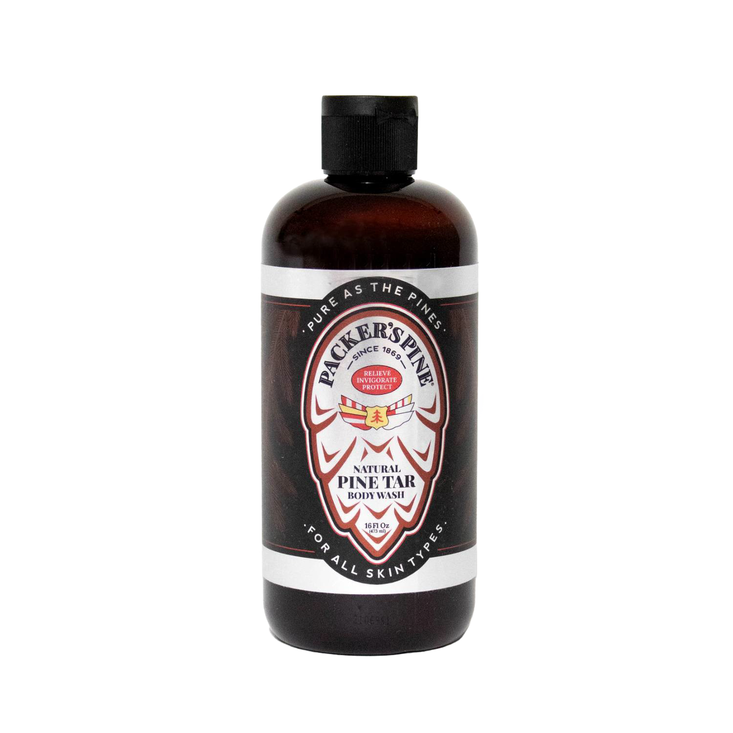 Amber plastic bottle of handcrafted pine tar body wash with black flip-top cap, labeled for health and wellness, grooming, and USA made soap collections.