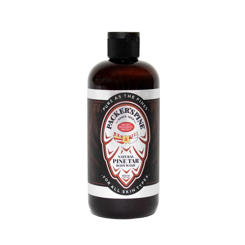 Amber plastic bottle of handcrafted pine tar body wash with black flip-top cap, labeled for health and wellness, grooming, and USA made soap collections.