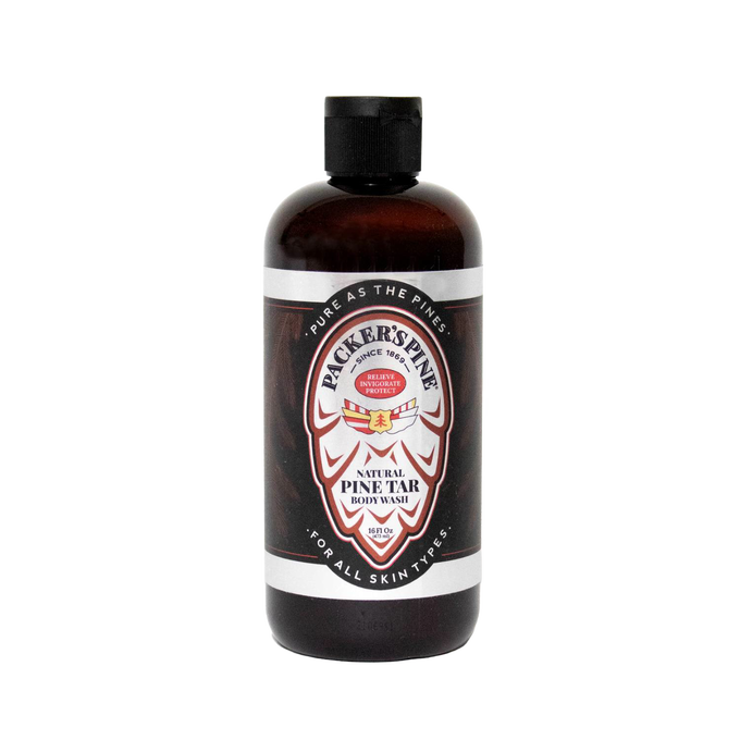 Amber plastic bottle of handcrafted pine tar body wash with black flip-top cap, labeled for health and wellness, grooming, and USA made soap collections.