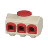 Compact gravity-fed chicken feeder with three red feeding ports and a beige textured container, designed to prevent feed waste and keep food dry, ideal for animal care and farm use.