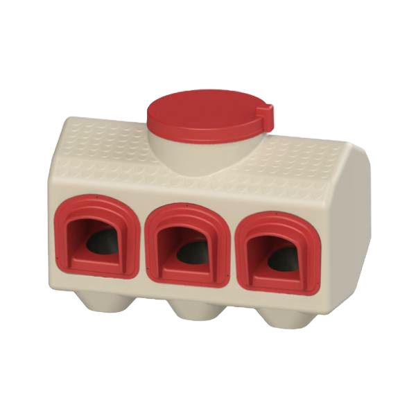 Compact gravity-fed chicken feeder with three red feeding ports and a beige textured container, designed to prevent feed waste and keep food dry, ideal for animal care and farm use.