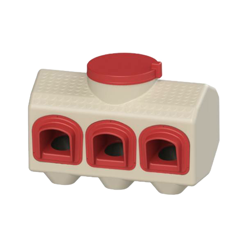 Compact gravity-fed chicken feeder with three red feeding ports and a beige textured container, designed to prevent feed waste and keep food dry, ideal for animal care and farm use.