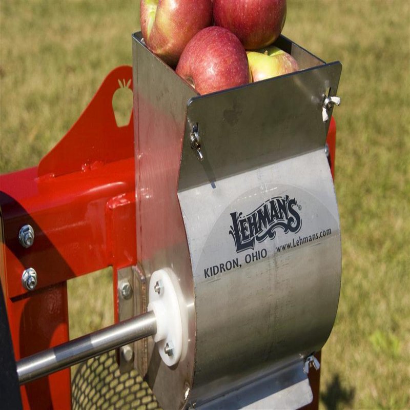 Handcrafted stainless steel apple crusher with red frame, featuring a clean hopper filled with apples, designed for orchard use in Farm, Garden & Tool and Apple Harvest Supplies collections.
