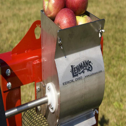 Handcrafted stainless steel apple crusher with red frame, featuring a clean hopper filled with apples, designed for orchard use in Farm, Garden & Tool and Apple Harvest Supplies collections.