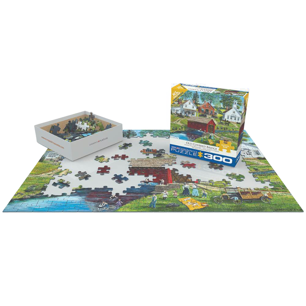 Partially assembled 300-piece jigsaw puzzle depicting an old covered bridge and surrounding countryside, made in USA with recycled chip board, part of Toys, Books & Games and Best Sellers collections.