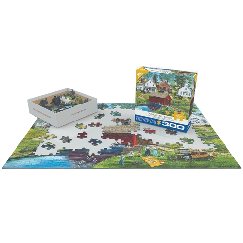 Partially assembled 300-piece jigsaw puzzle depicting an old covered bridge and surrounding countryside, made in USA with recycled chip board, part of Toys, Books & Games and Best Sellers collections.