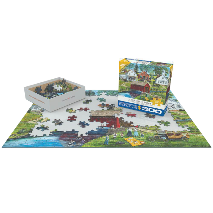 Partially assembled 300-piece jigsaw puzzle depicting an old covered bridge and surrounding countryside, made in USA with recycled chip board, part of Toys, Books & Games and Best Sellers collections.