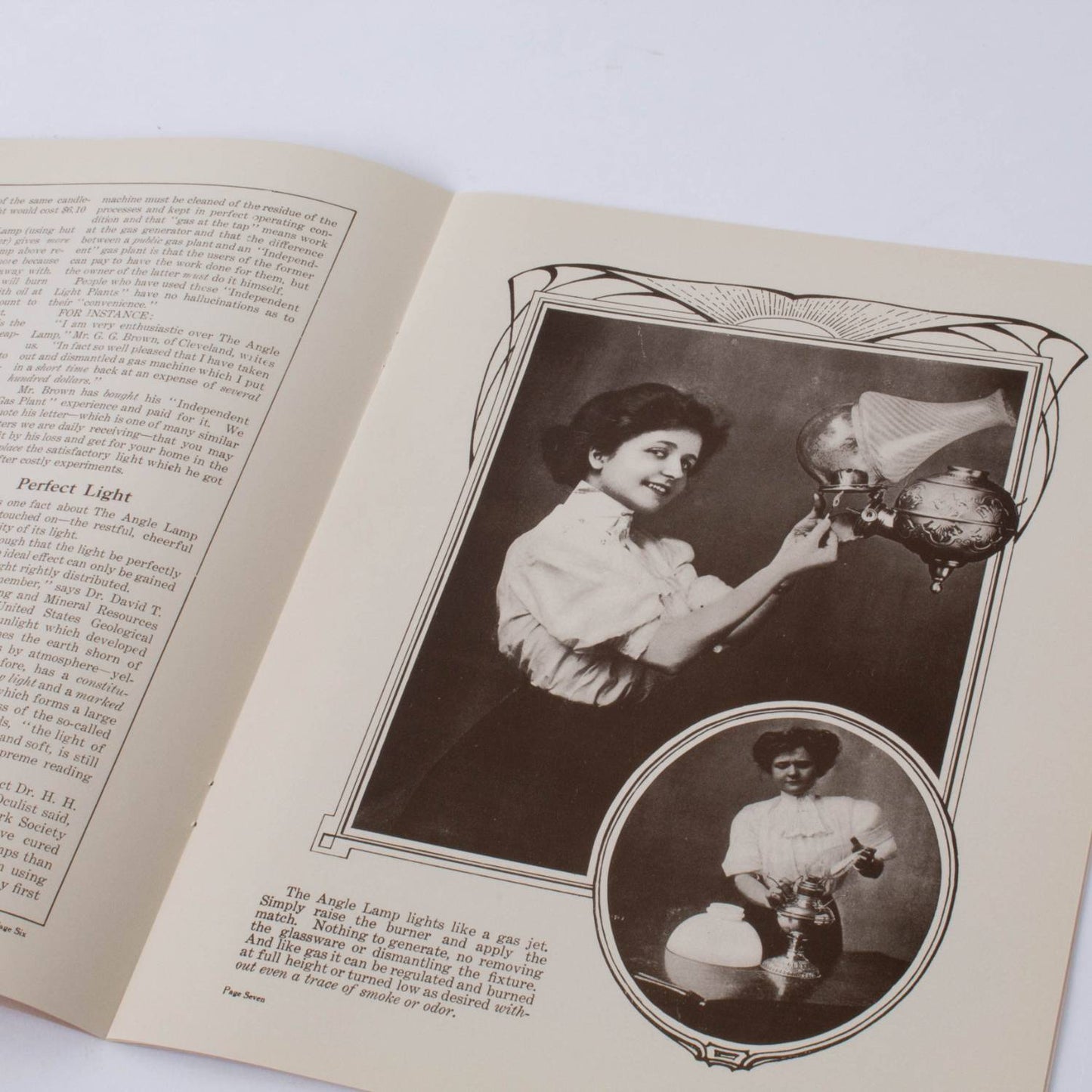 Open booklet page from the Angle Lamp Booklet: The Light That Never Fails, featuring vintage-style black and white photographs and decorative borders, part of heritage and lifestyle books, toys, books & games, and best sellers collections.