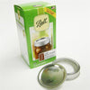 Set of 12 silver-colored wide-mouth canning lids and bands made in USA, packaged in a green box labeled for food preservation, kitchen & food, and canning collections.