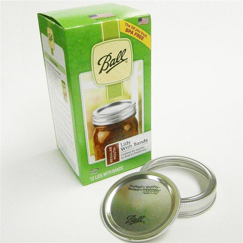 Set of 12 silver-colored wide-mouth canning lids and bands made in USA, packaged in a green box labeled for food preservation, kitchen & food, and canning collections.