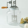 Square glass 1-gallon butter churn jar with crank handle and wooden knob, fitting older style lids, handcrafted in USA, ideal for Kitchen & Food and Specialty Equipment collections.