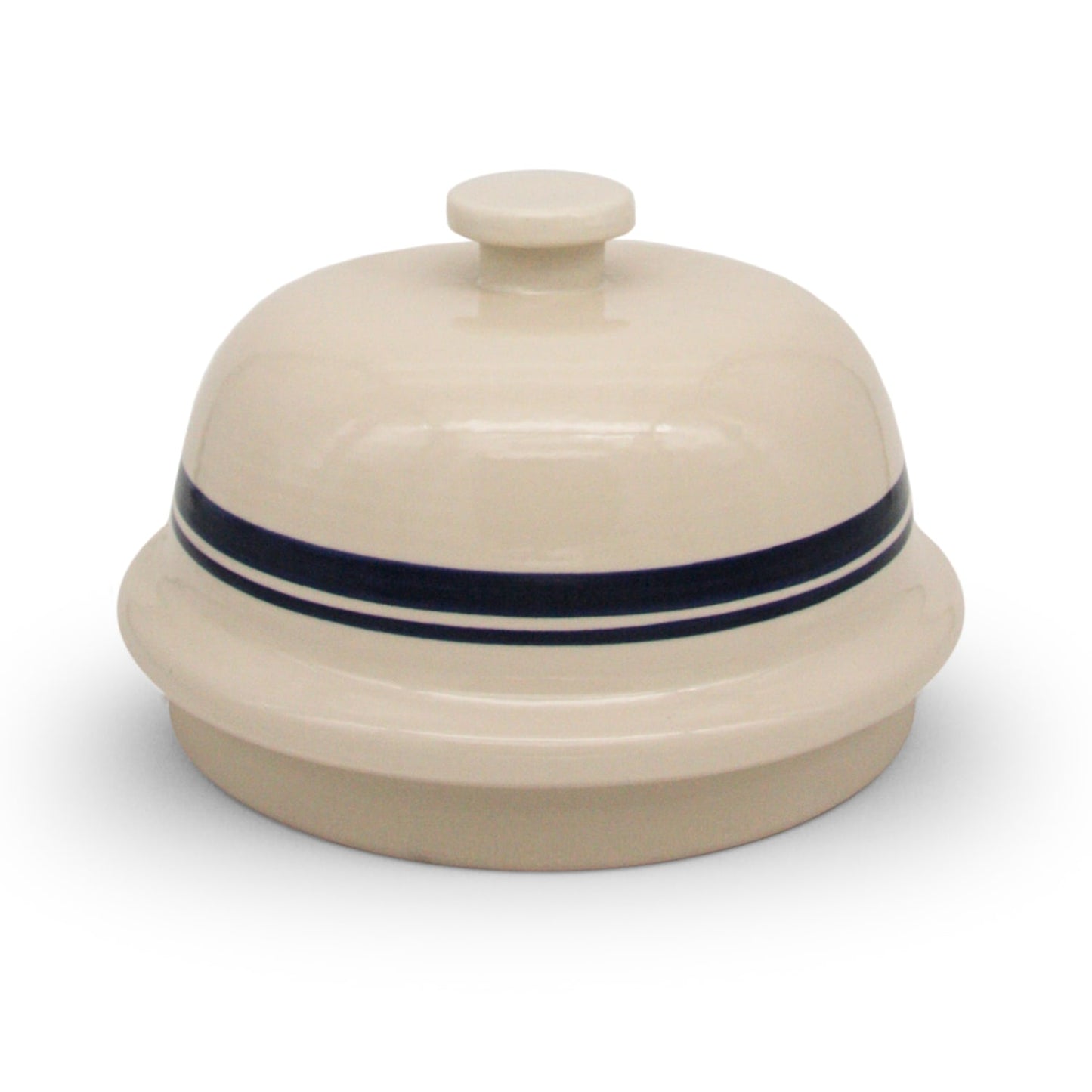 Bell-shaped stoneware bread baker in cream with blue stripes, handcrafted in Ohio, ideal for Kitchen & Food, Cookware, Baking Supplies, USA Made, Best Sellers, and Promo Eligible collections.