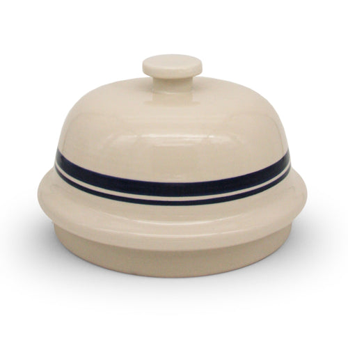 Bell-shaped stoneware bread baker in cream with blue stripes, handcrafted in Ohio, ideal for Kitchen & Food, Cookware, Baking Supplies, USA Made, Best Sellers, and Promo Eligible collections.