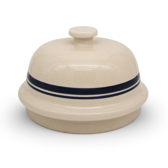 Bell-shaped stoneware bread baker in cream with blue stripes, handcrafted in Ohio, ideal for Kitchen & Food, Cookware, Baking Supplies, USA Made, Best Sellers, and Promo Eligible collections.