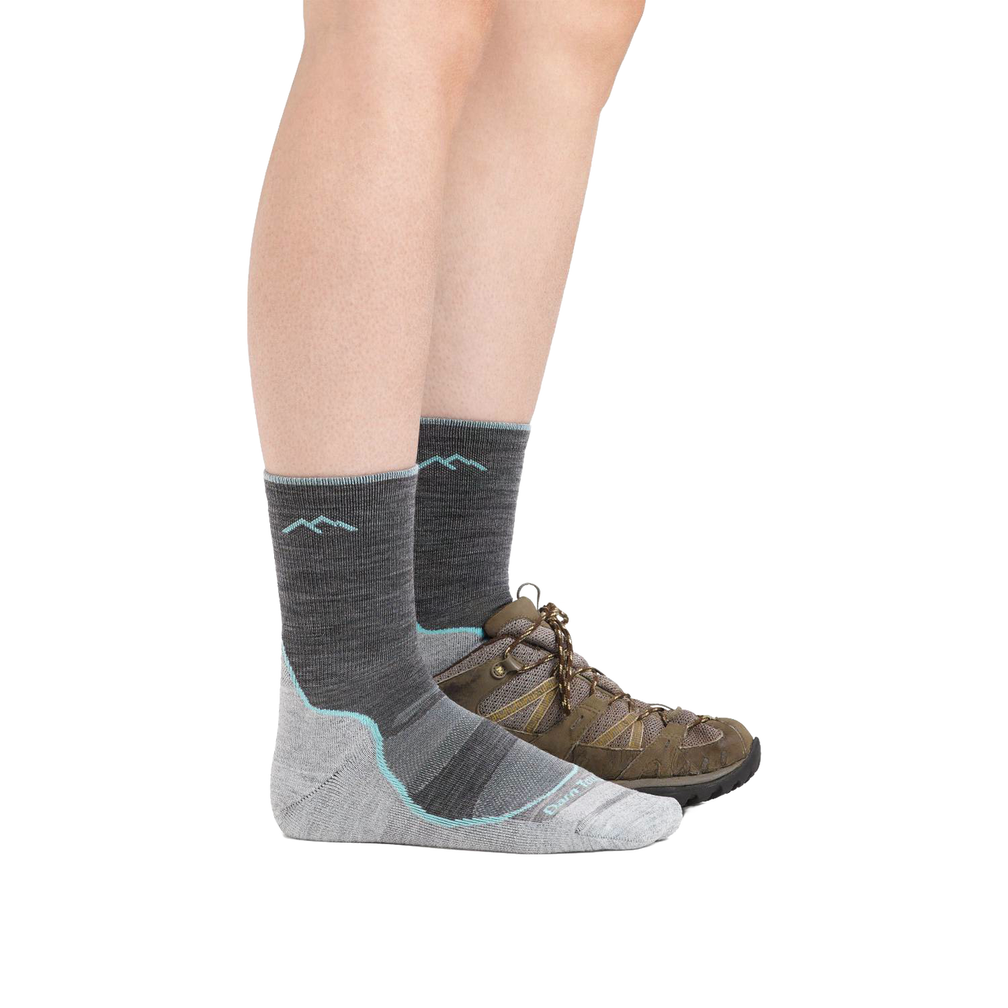 Pair of women's light hiking socks with reinforced grey and black panels, featured in Health & Wellness, Camping, Clothing and Accessories, USA Made, and Best Sellers collections.