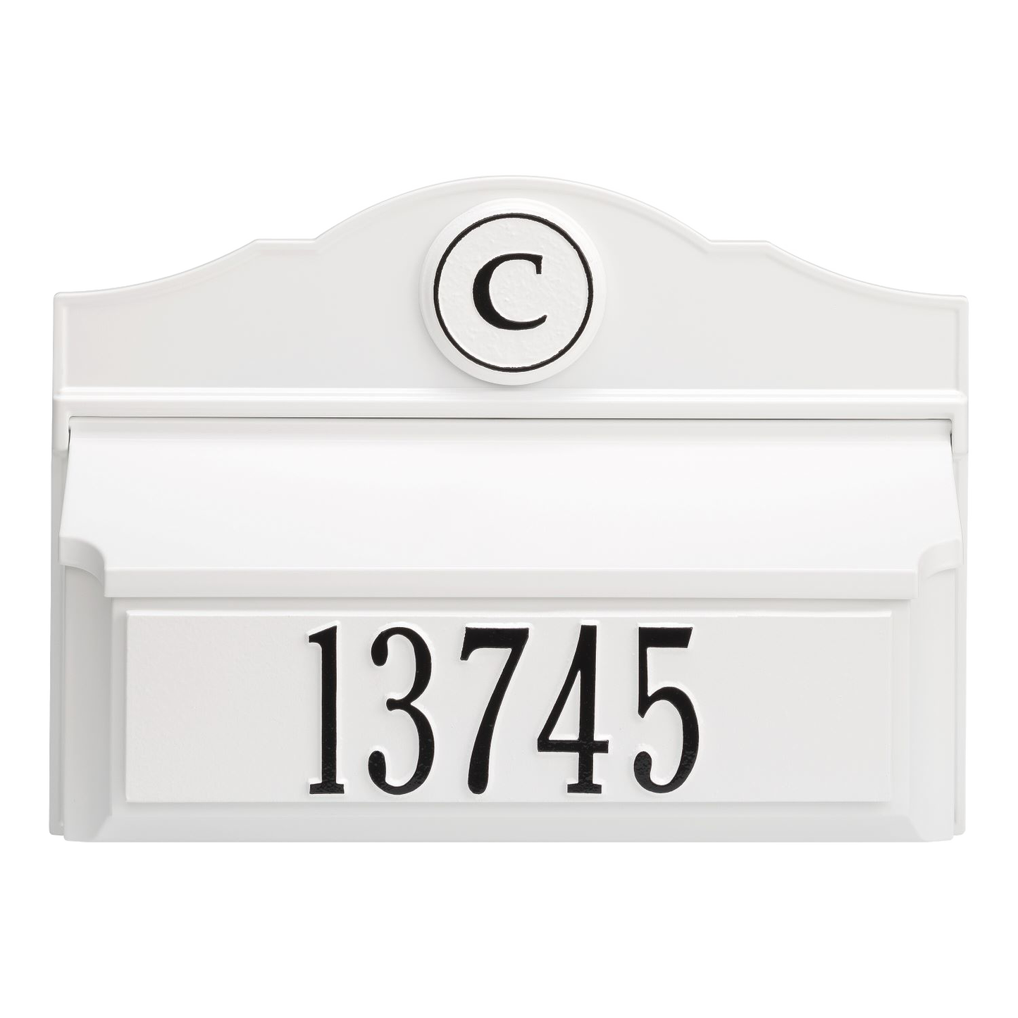 White and black handcrafted wall mount mailbox featuring a personalized monogram and house number, designed to enhance curb appeal in Home & Decor and USA Made collections.
