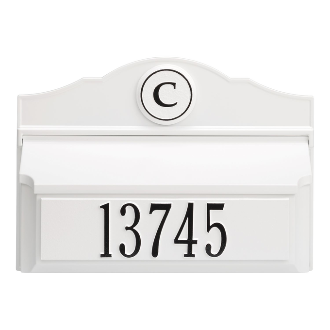 White and black handcrafted wall mount mailbox featuring a personalized monogram and house number, designed to enhance curb appeal in Home & Decor and USA Made collections.