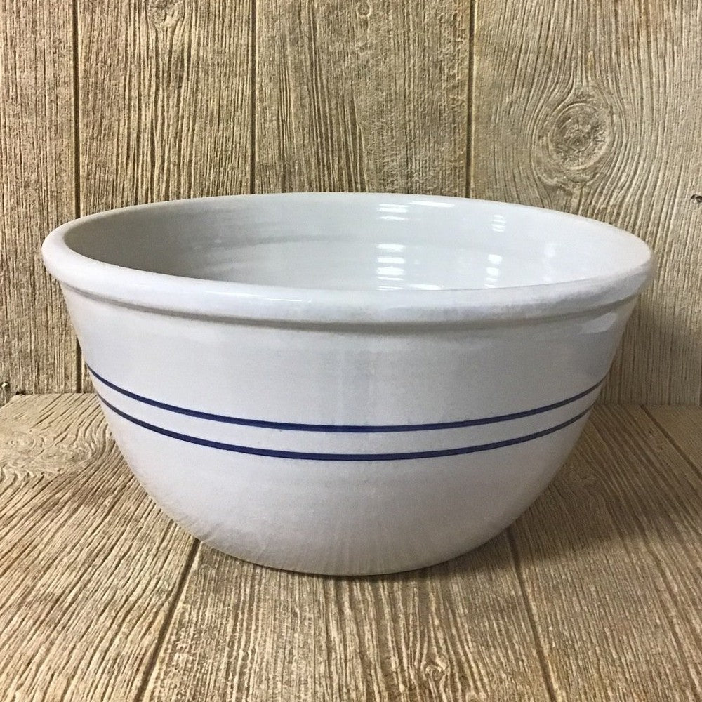 Handcrafted 12-inch stoneware mixing bowl with two heritage blue stripes, made in the USA, perfect for Kitchen & Food, Cookware, Baking Supplies, Storage and Serving collections.