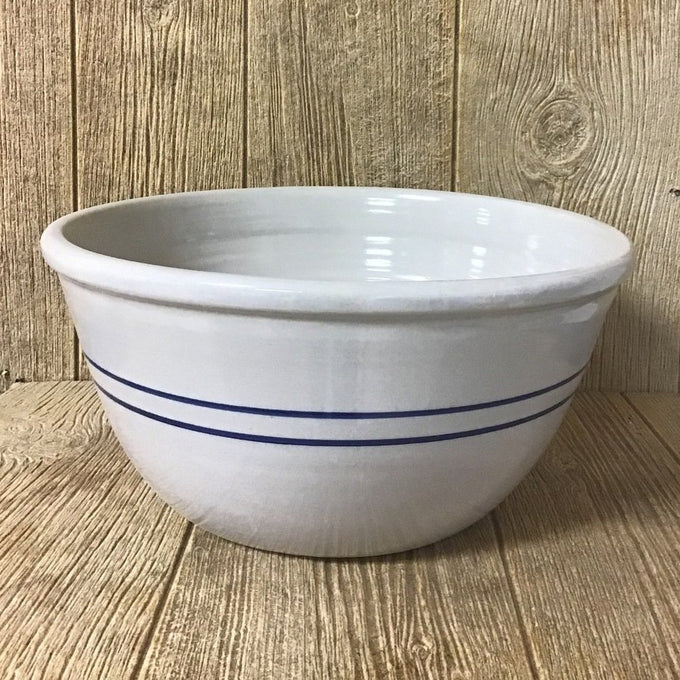 Handcrafted 12-inch stoneware mixing bowl with two heritage blue stripes, made in the USA, perfect for Kitchen & Food, Cookware, Baking Supplies, Storage and Serving collections.