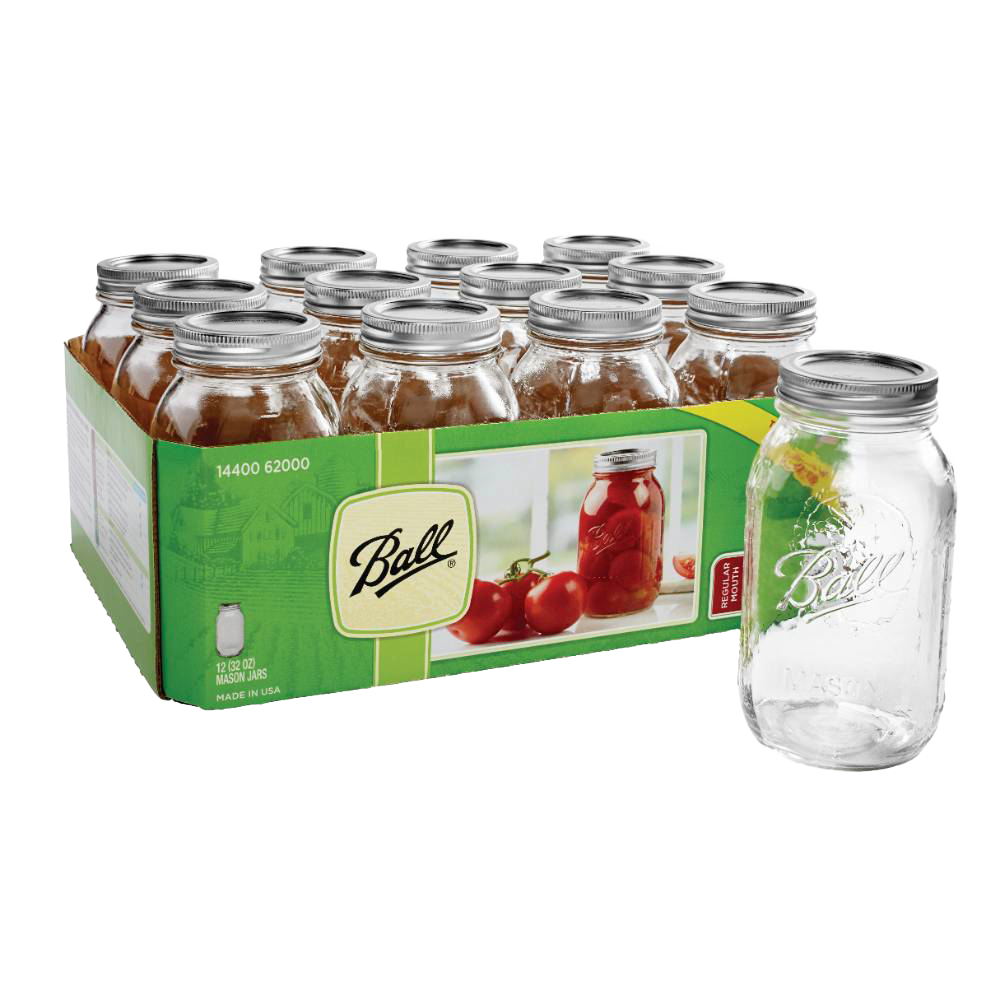 Clear glass regular-mouth canning jars with metal lids, packaged in a case, ideal for food preservation and home canning, part of Kitchen & Food, USA Made, and Best Sellers collections.