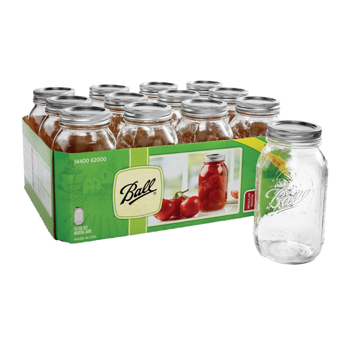 Clear glass regular-mouth canning jars with metal lids, packaged in a case, ideal for food preservation and home canning, part of Kitchen & Food, USA Made, and Best Sellers collections.