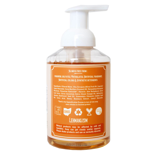 Clear pump bottle of Lehman's moisturizing foaming hand soap showing ingredient and eco-certification labels, made in USA, handcrafted, natural formula in Health & Wellness and Grooming collections.